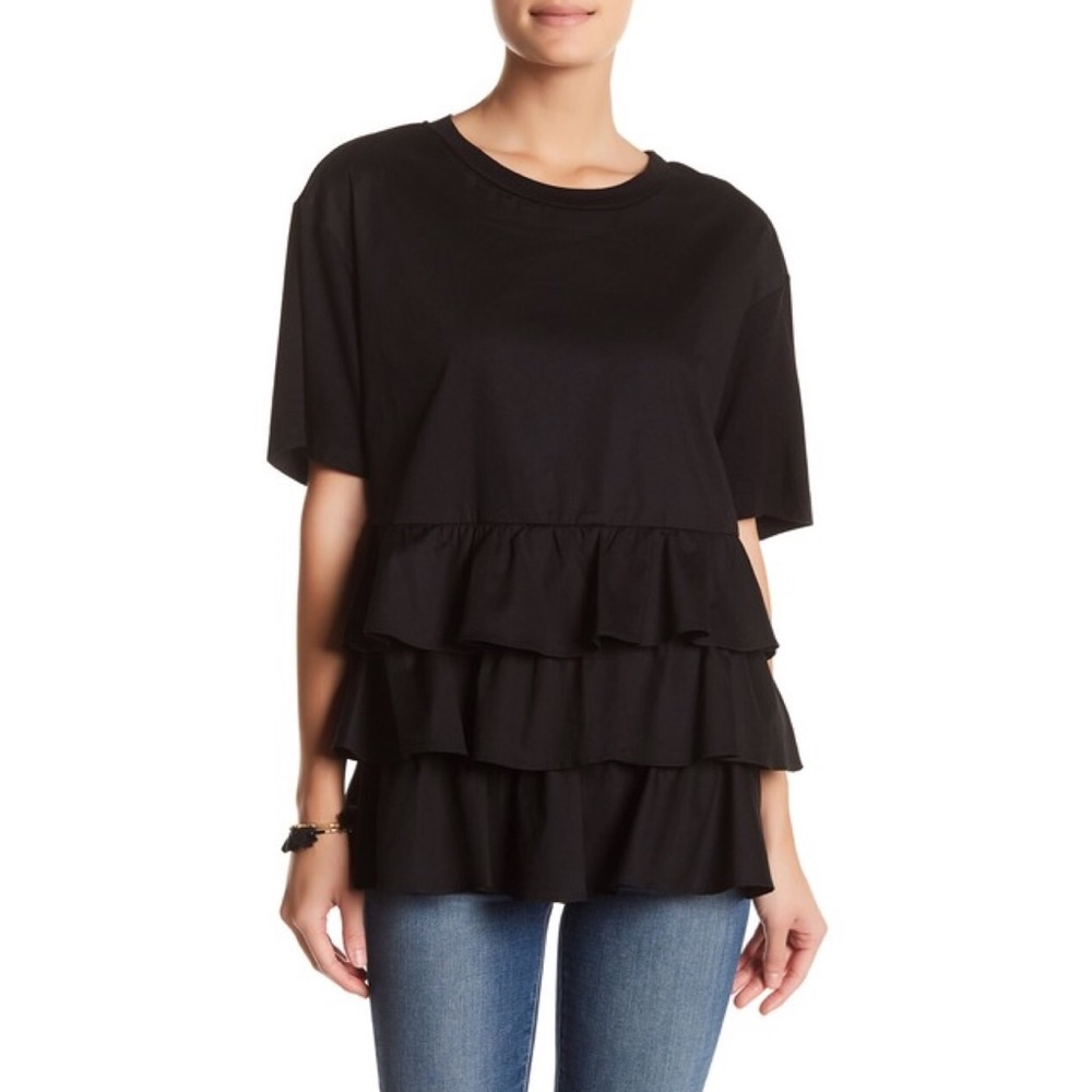Pleione Black Short Sleeve Ruffle Tiered Tee